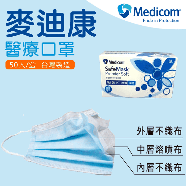 【台製雙鋼印】Medicom 麥迪康 － 醫用2級口罩 | 藍色 | 醫療2級，防護更升級 | 獨特鼻樑片設計 外